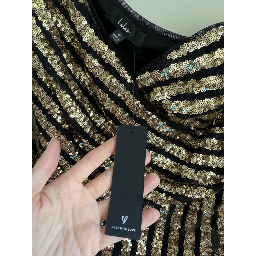 Lulus Gold Black Sequin One Shoulder Midi Dress Stripe Long Sleeve M NEW - Picture 5 of 16